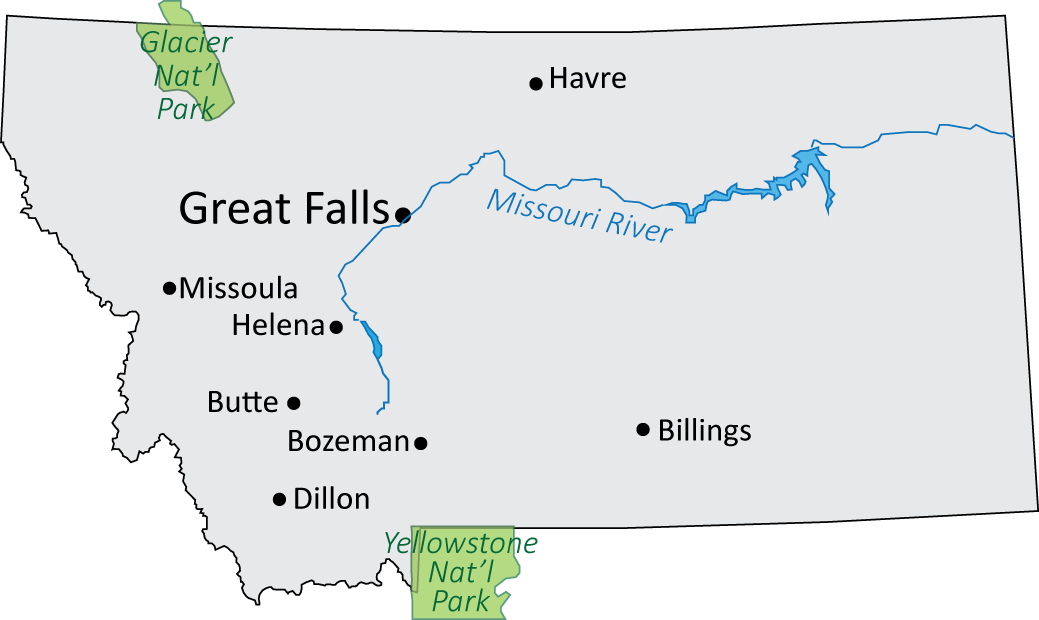 Map of Montana showing major cities, national parks and rivers