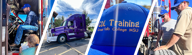 CDL Program header image featuring a graduating class, purple semi truck, and children with police officer