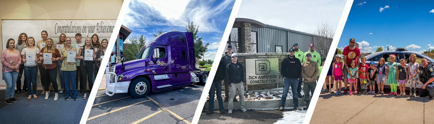 Image of CNA graduates, purple semi truck, DAC graduates, and safety town