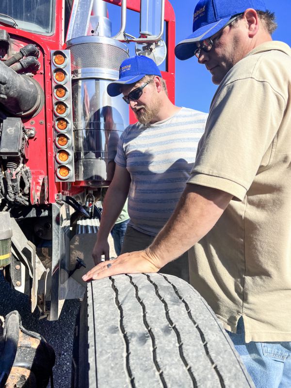 Student, Seth Swanson (left), and CDL instructor, Jeremy Hitchcock, perform a pre trip inspection at BOUMA Trucking recently. Great Falls College's new CDL program is up and running and taking new applicants.