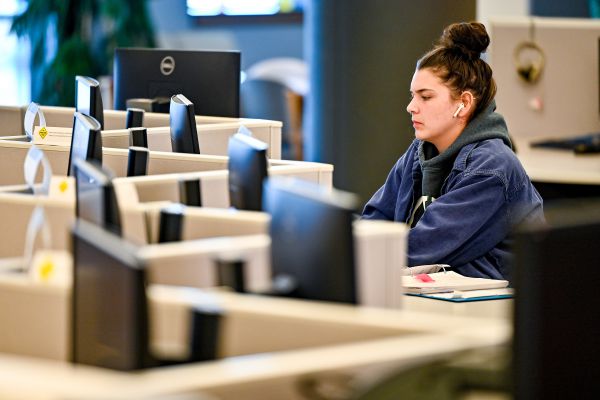 Amelia Flamand studies in the Weaver Library earlier this year. The Weaver Library received a boost when Great Falls College received supplemental funds related to the pandemic. 