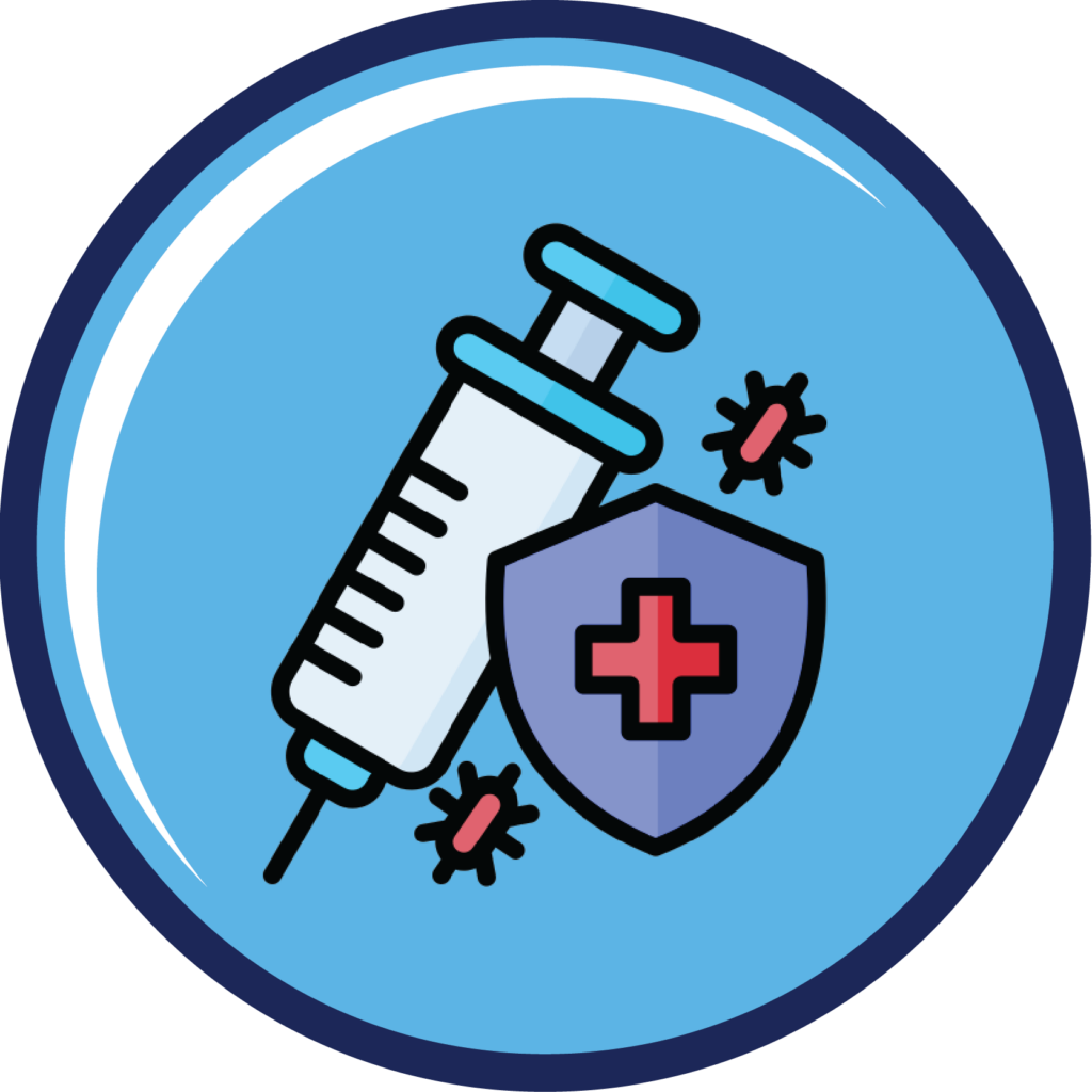 An immunization needle with a shield that has a red cross on it.