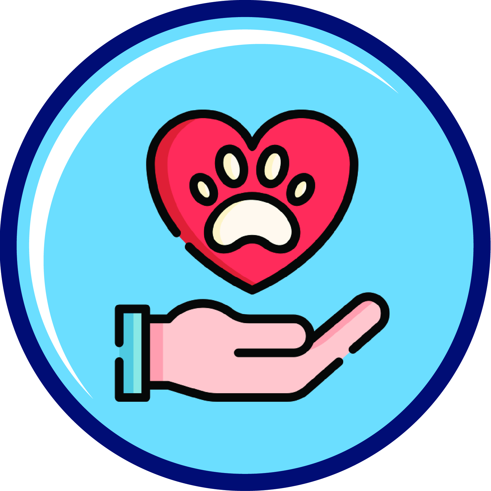 round blue icon with a hand held out below a red heart that has an animal paw print on it