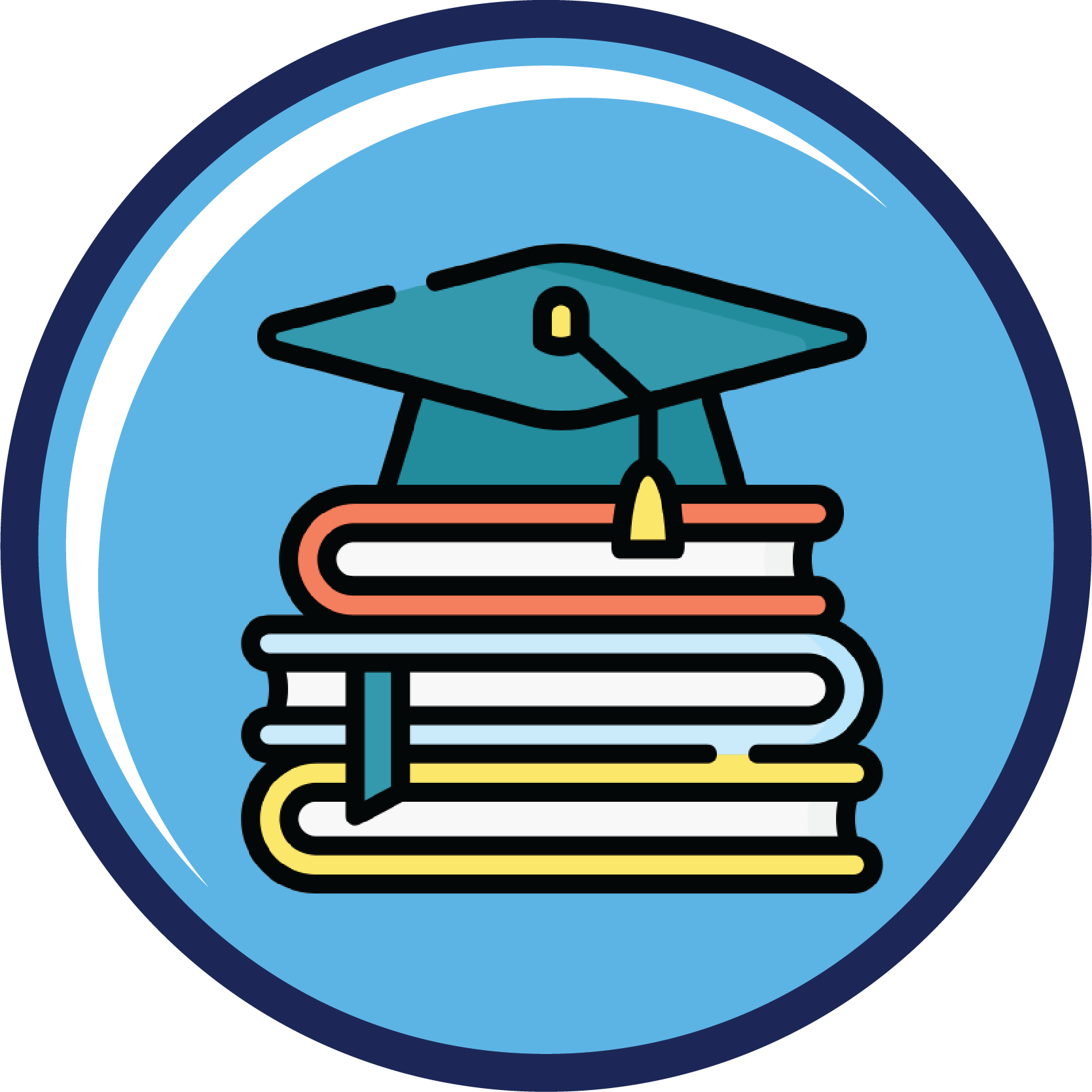 round blue icon that has a stack of 3 books with a graduation cap