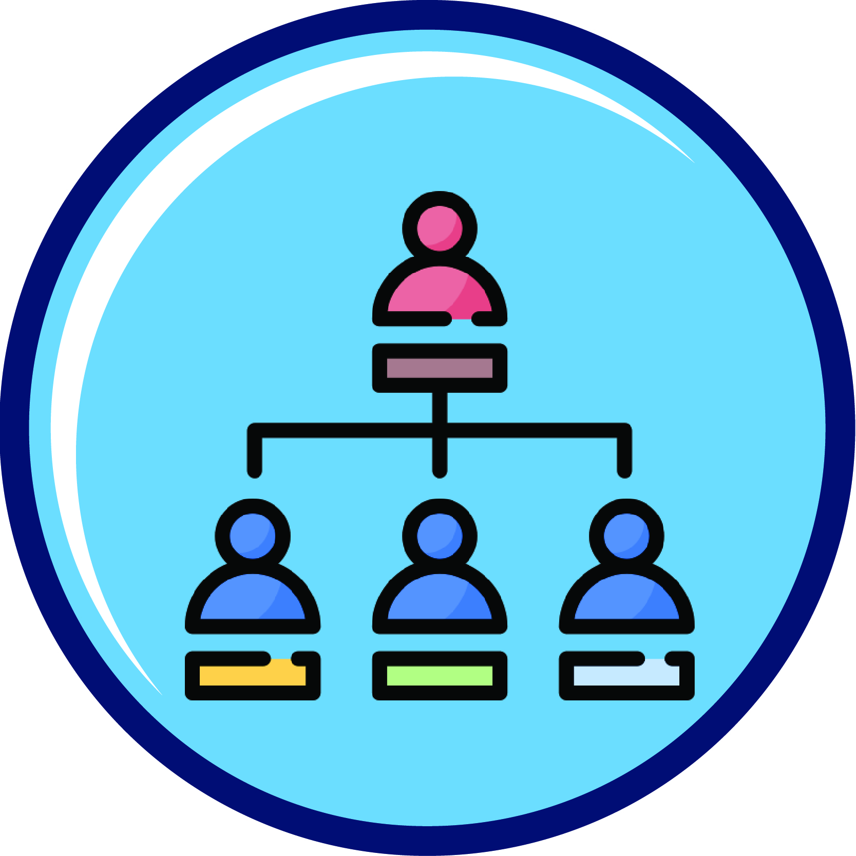 round blue icon that depicts an organizational chart