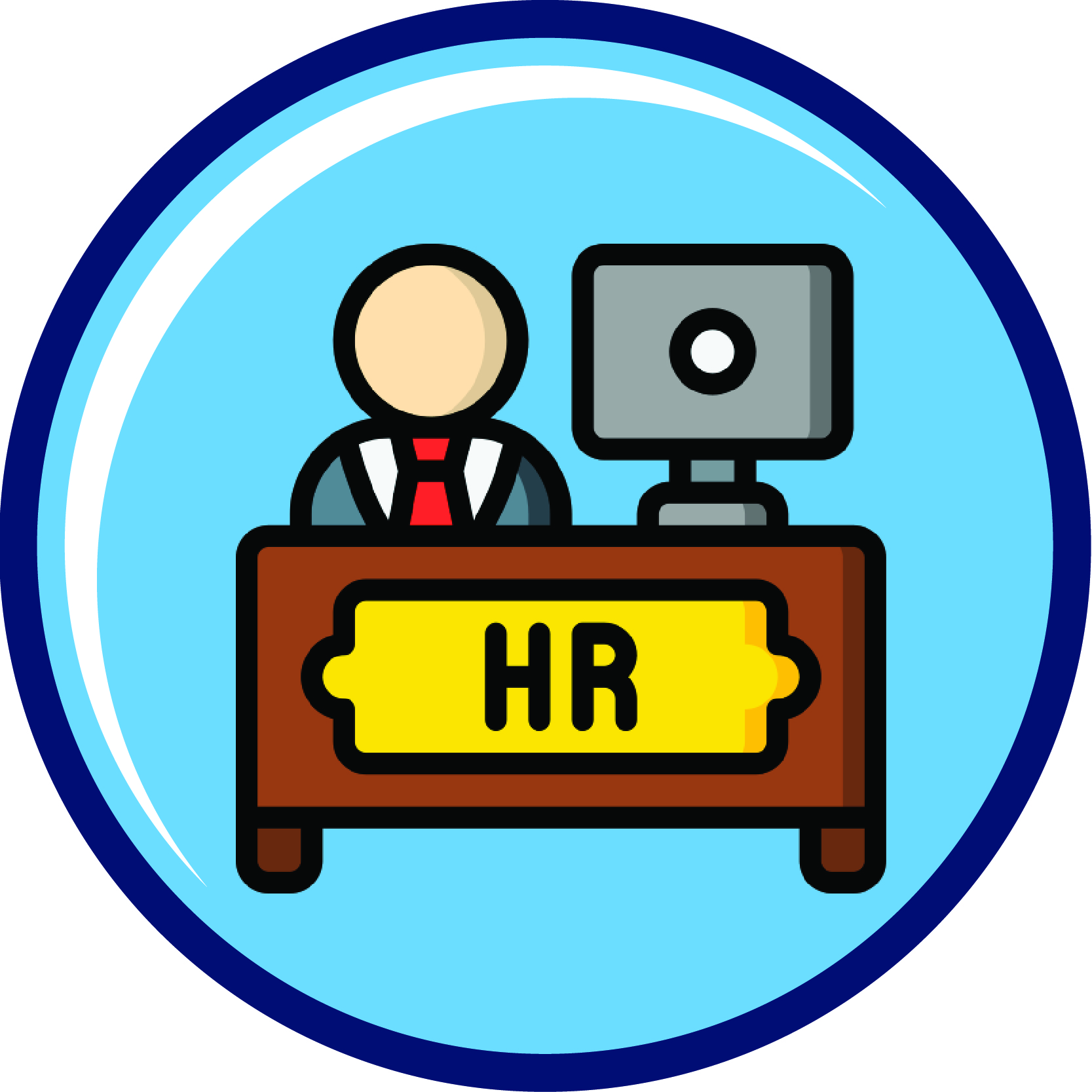 round blue icon with a man sitting at a desk that has a computer on it. the front of the desk has a label of HR.