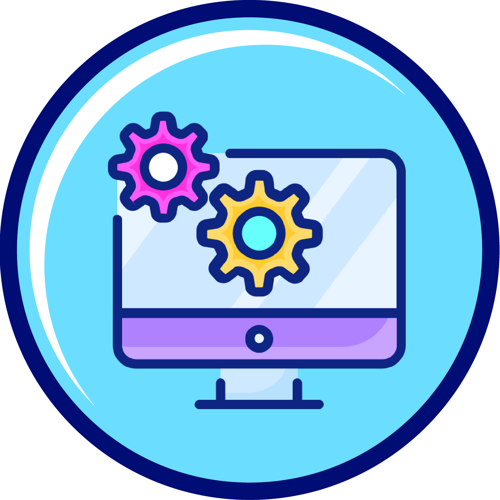 round blue icon depicting a computer screen with two gears displayed on the screen