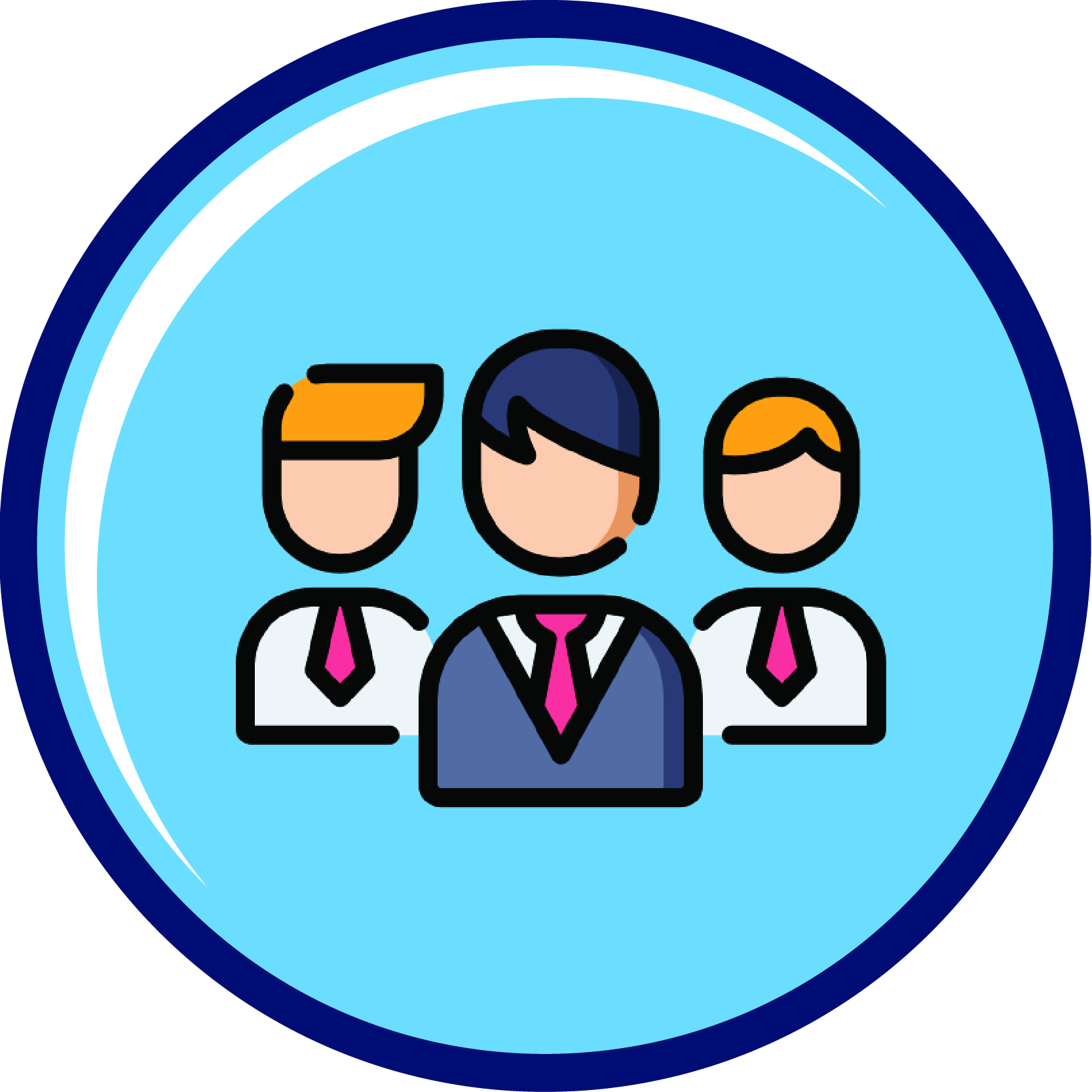 round blue icon with three men in the center, all three wearing red neckties