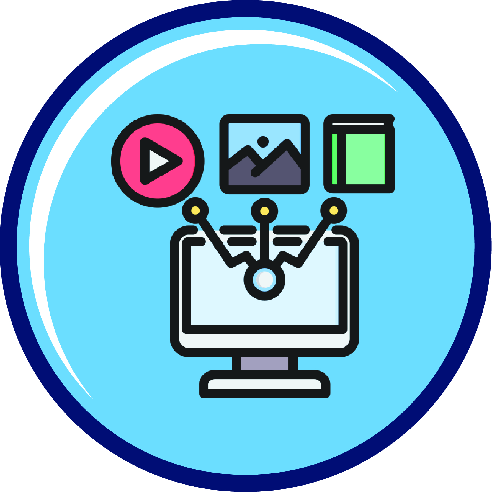 round blue icon with a computer that has three lines pointing up to three separate icons, a play button, a picture, and a book