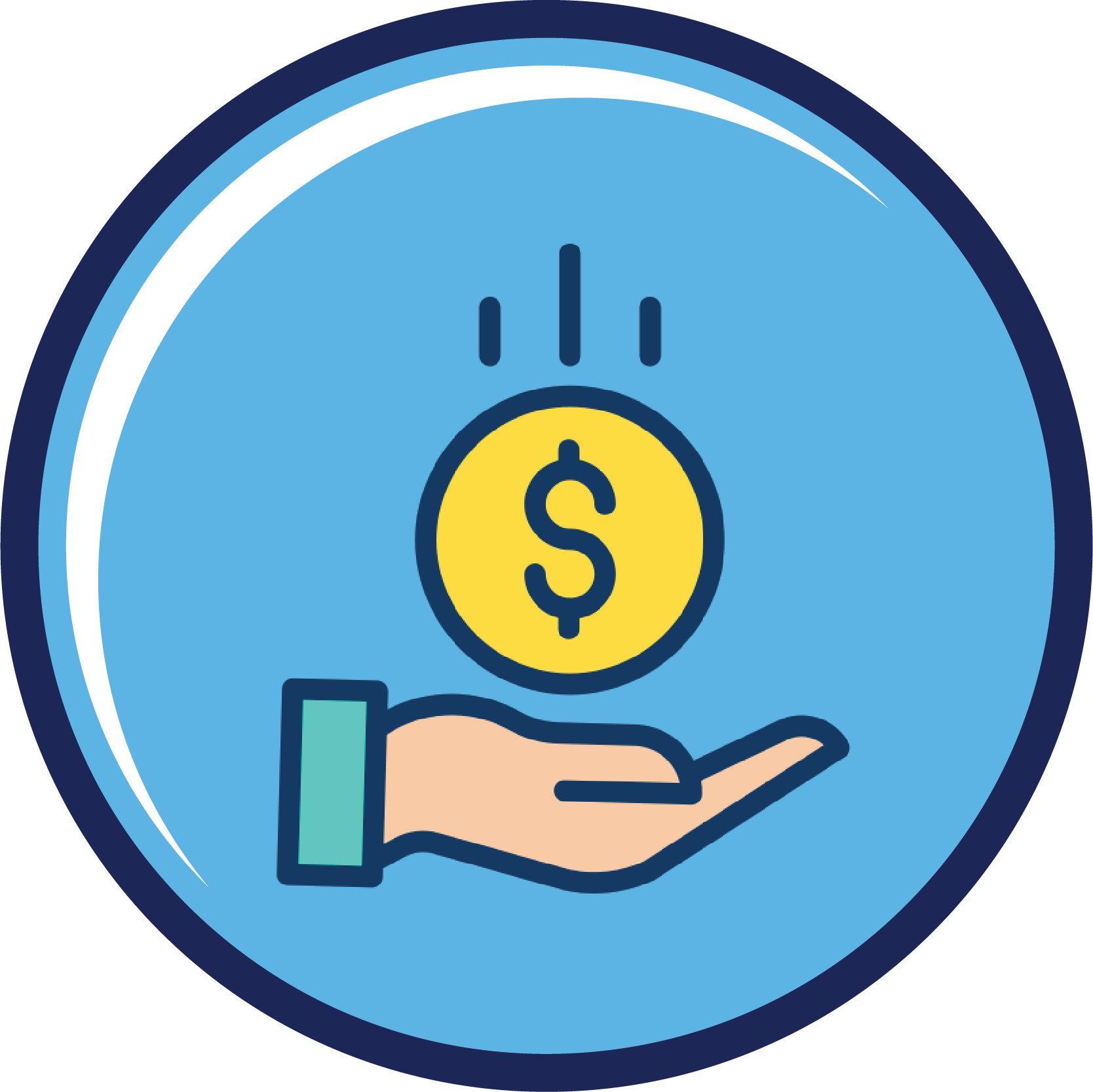round blue icon depicting a hand catching a large yellow circle with a dollar sign