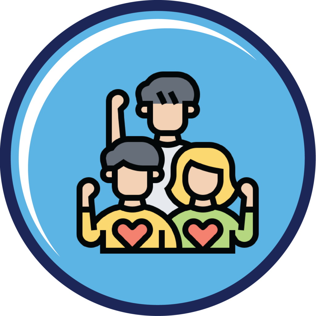 Round blue icon showing three people with hearts on their chest