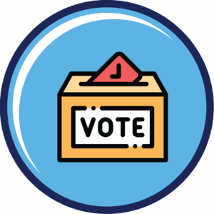 round blue icon with a ballot box and the word vote on the front