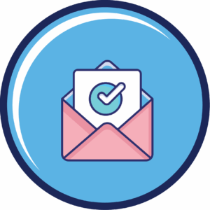round blue icon with an envelope and a card sticking out that has a blue circle with a checkmark