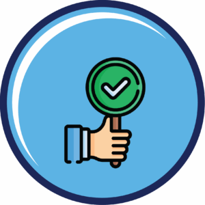 round blue icon with a hand holding a sign that is a green circle with a white checkmark